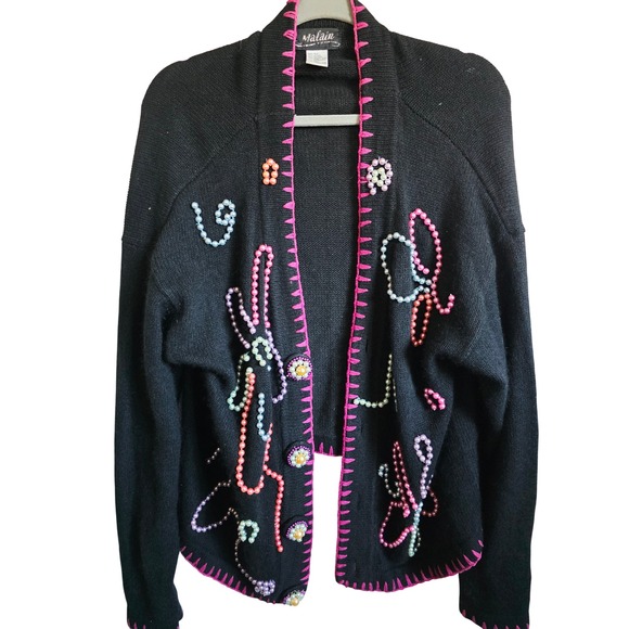 Malain Embellished Beaded Black Cardigan Sweater VTG Button Front XL Silk Blend